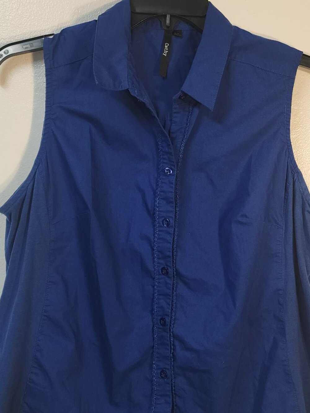 CATHY royal blue sleeveless button up shirt Large Cotton blend Summer Leisure